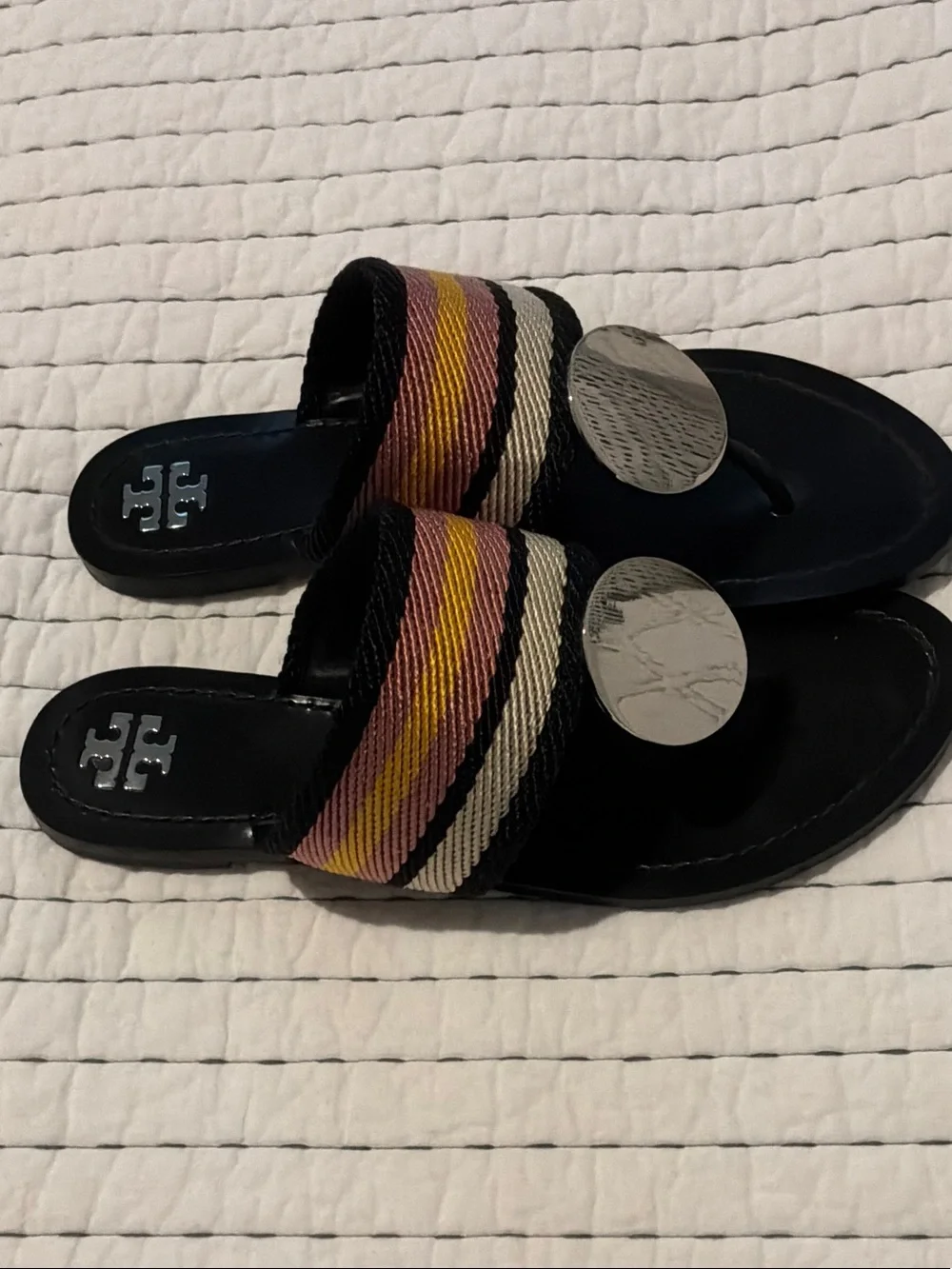 Tory Burch Black Leather Thong Sandals with Multicolor Striped Strap